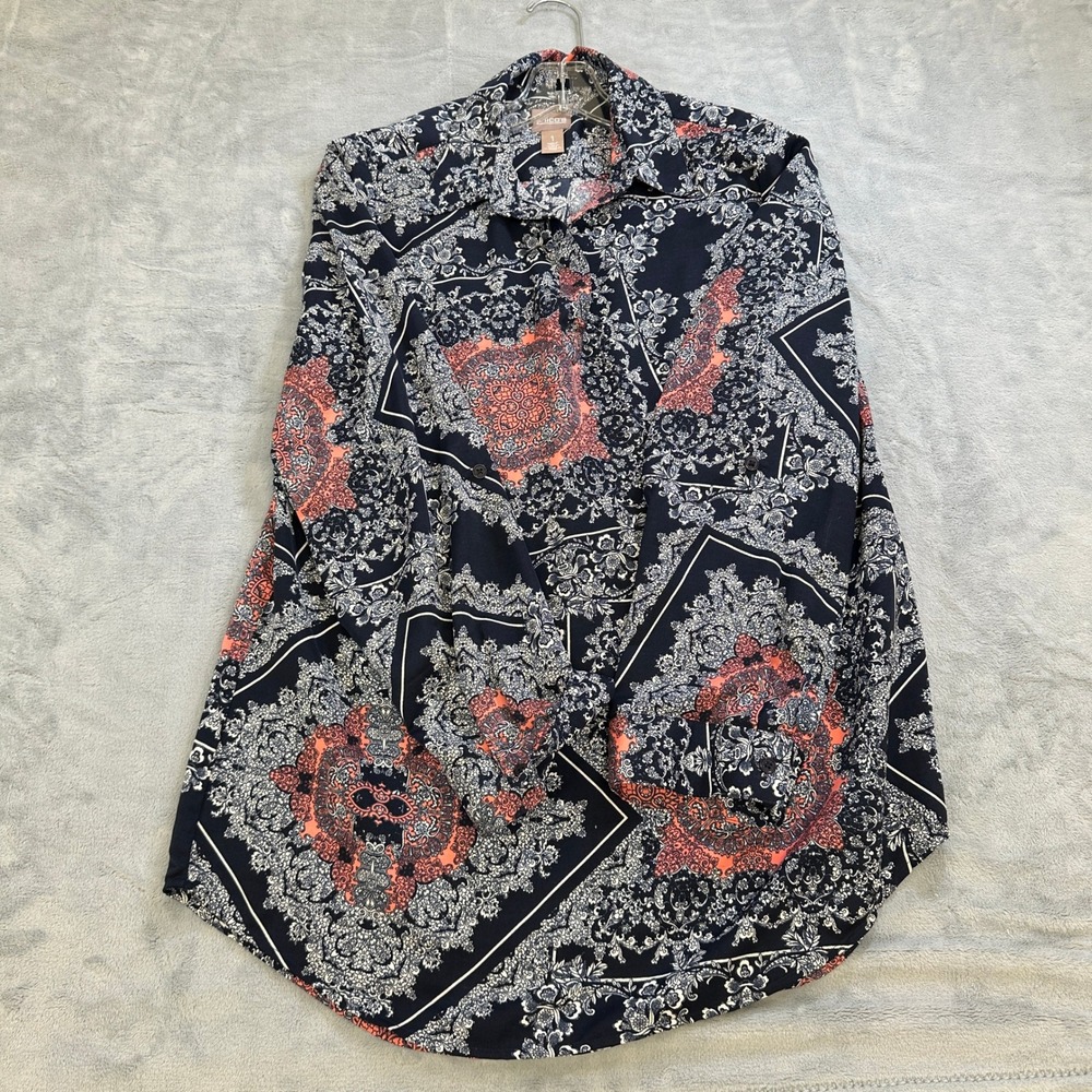 Chicos Navy Blue Coral Medallion Paisley Print Button Up Tunic Top Size 1 M
